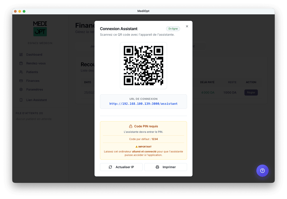 Interface assistante sur smartphone — logiciel médical Mediopt Algérie